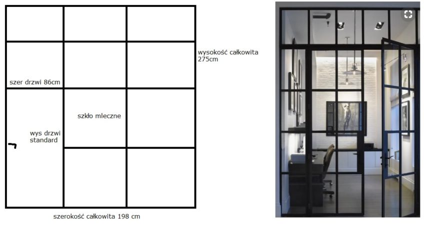Szklana ściana na czarnych profilach z drzwiami